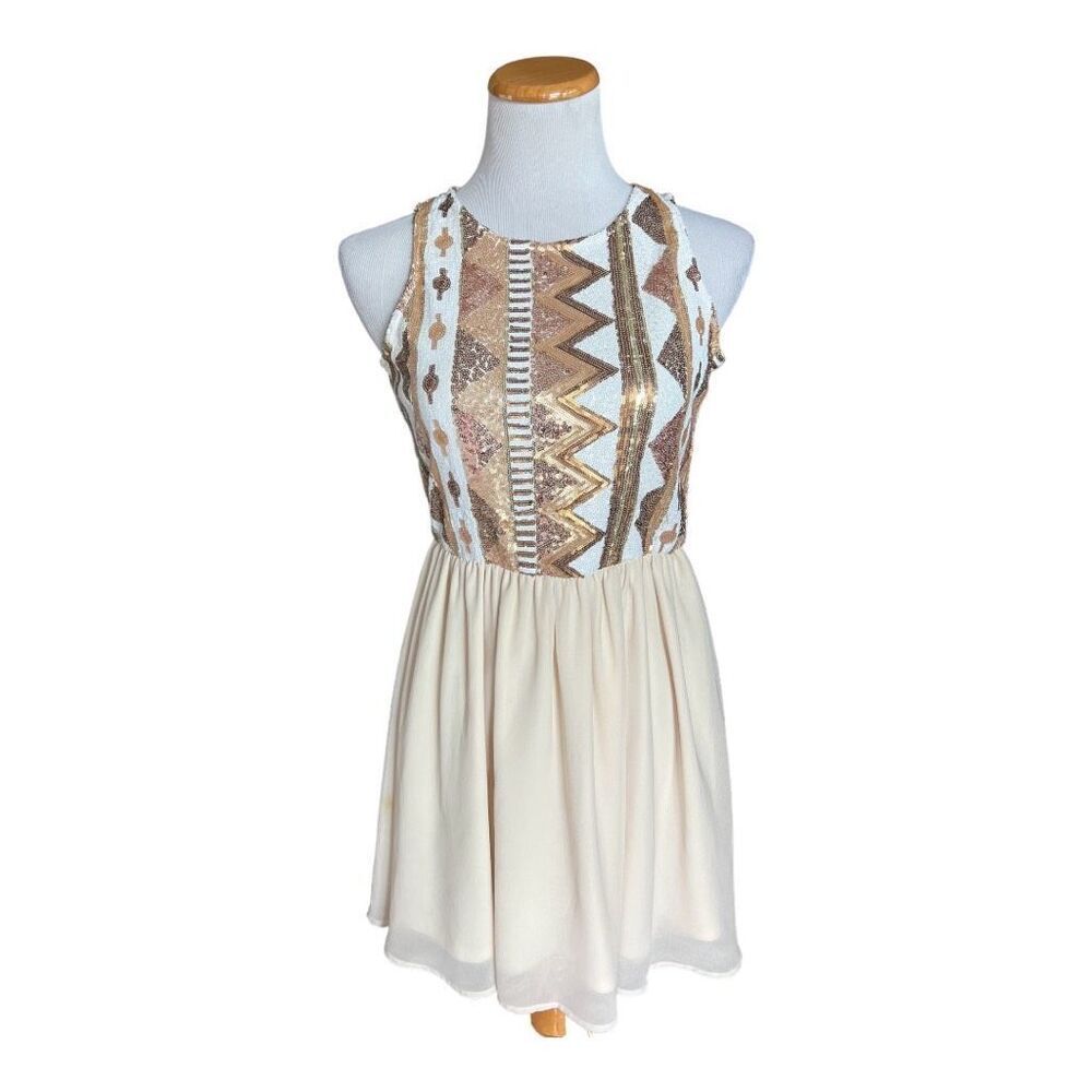 Womens Anthropologie Double Zero Sequin & Chiffon Aztec Rose Gold Dress - Sz S